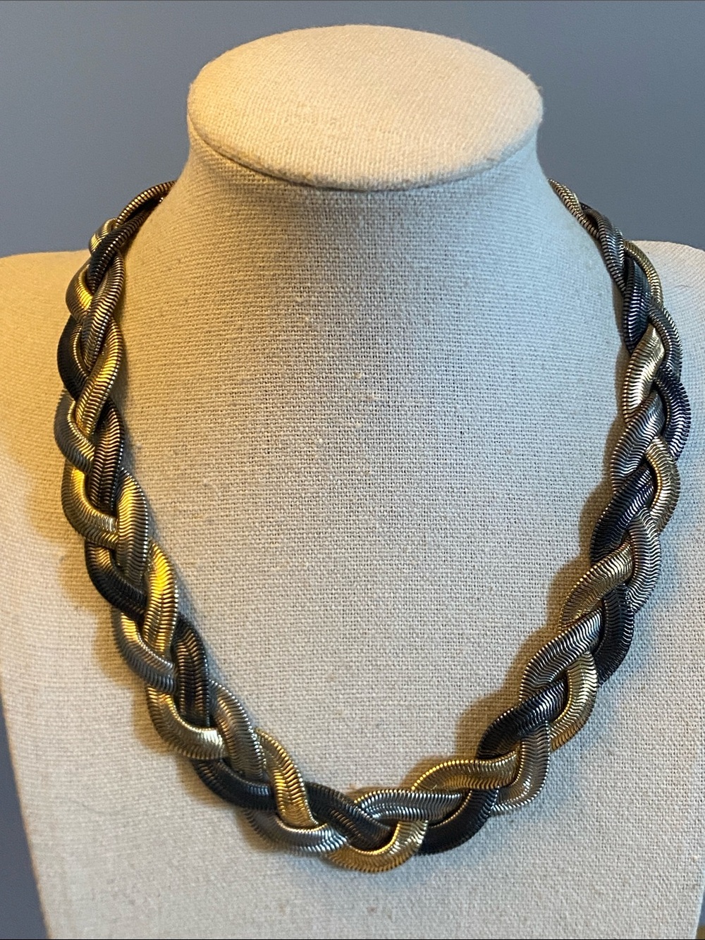 Statement Mixed Metal Braided Chain Necklace Gold Silver Gunmetal 16”